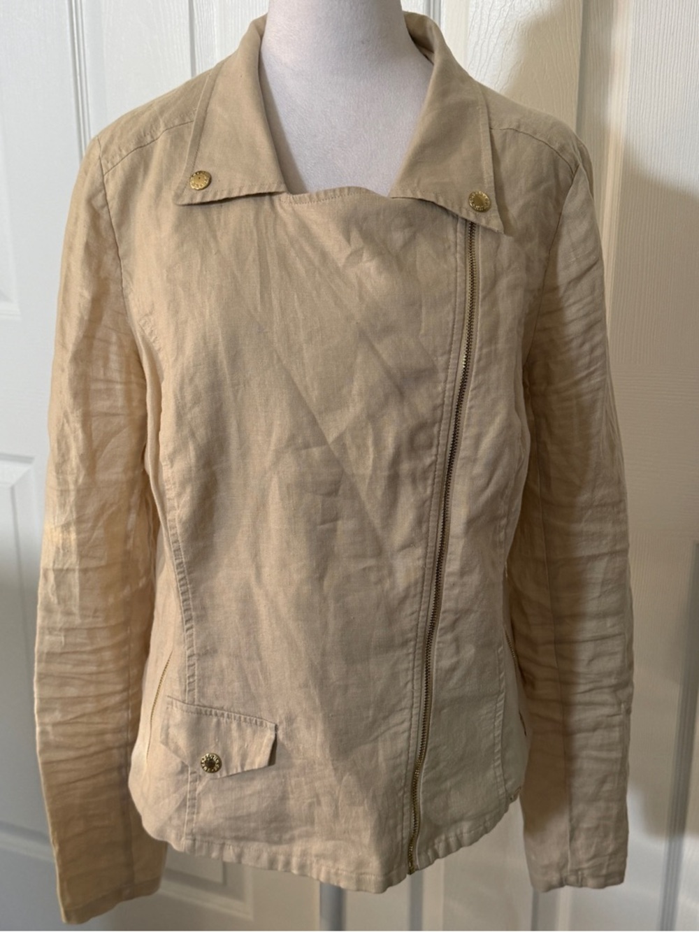 GUESS Womens 100% Linen Moto Biker Full Zip Beige Jacket Size L Gold Zip Utility - Picture 12 of 12